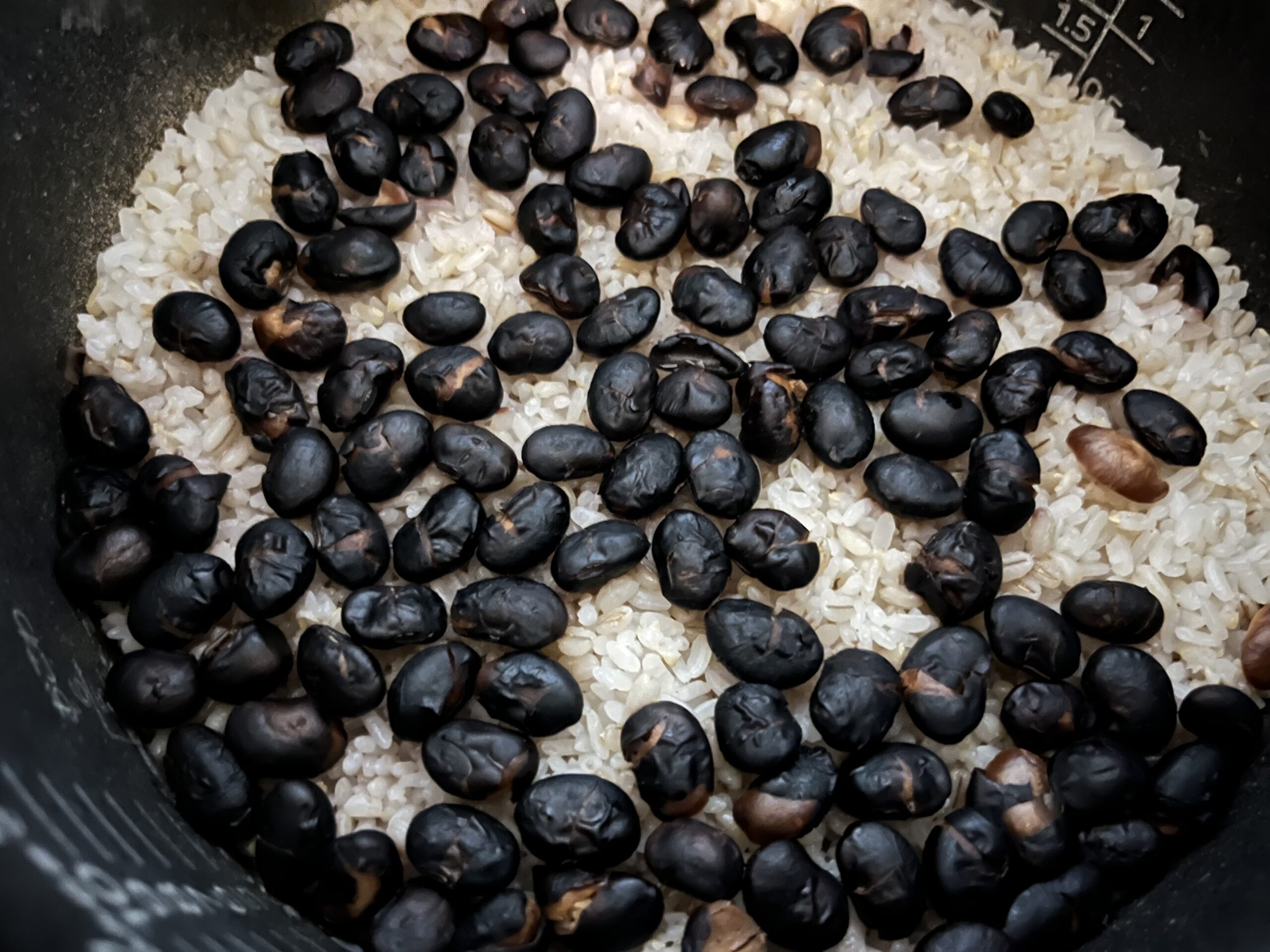 黒煎豆の炊き込みご飯が炊きあがった様子を撮影した写真
